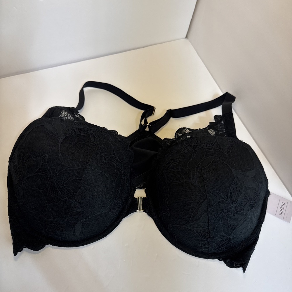 Auden Bra Women 44DD Black Underwire Front Closure Push Up Racerback Lace Nwt
